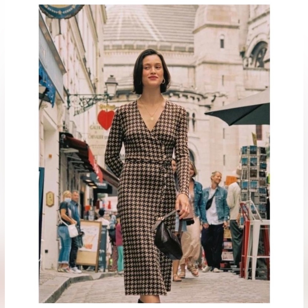 Rouje Paris Jaelle Brown Houndstooth Wrap Midi Dress size 38